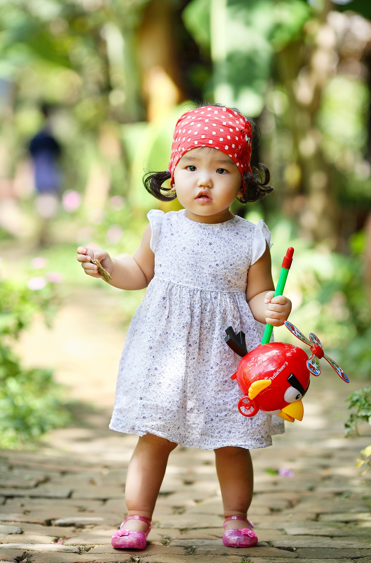 Toddler wearing a dress walking down sunny path outside, carrying a push toy with a funny face on it